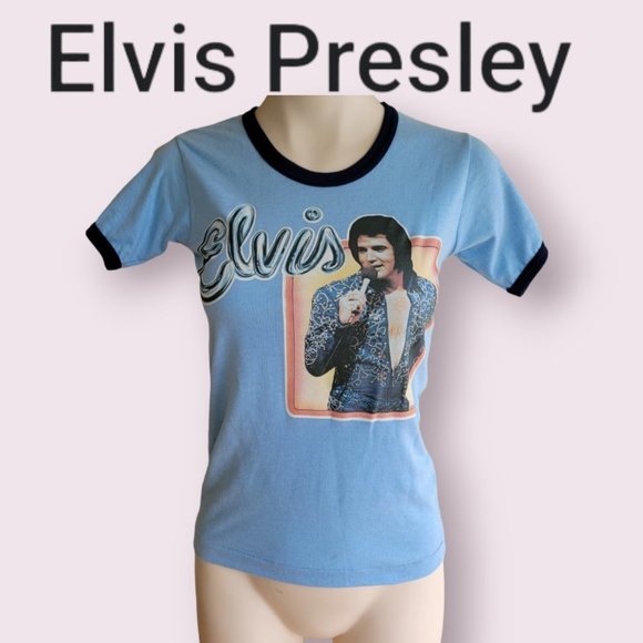 Elvis Presley Tops - Elvis Presley women's vintage 1970s/1980s blue ringer t-shirt in size S